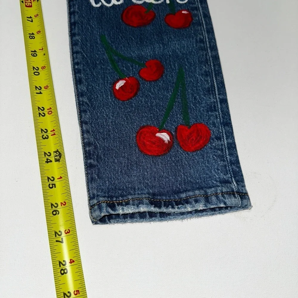 Levi's 501 Women Jeans‎ Button Fly Skinny Custom Handpainted Cherry French W28